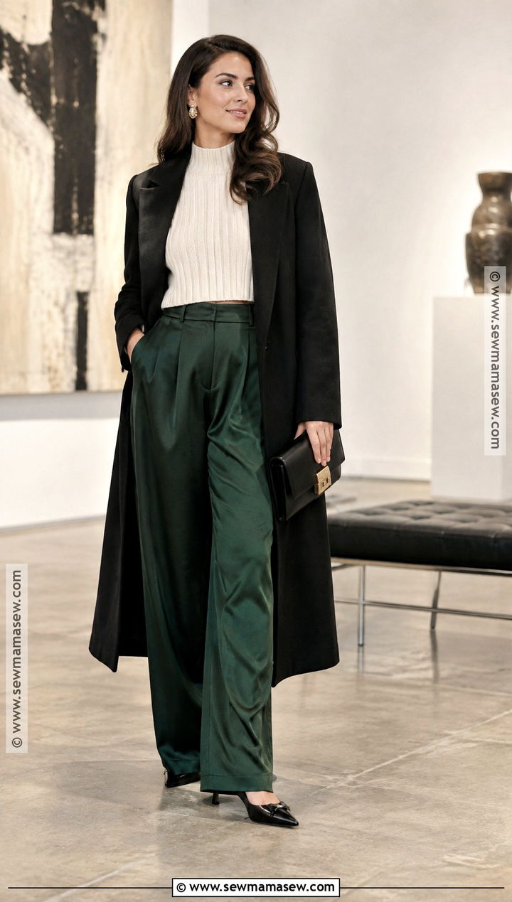 Satin Wide Leg Pants With Chunky Sweater And Heels - 20 wide leg pants fall outfit