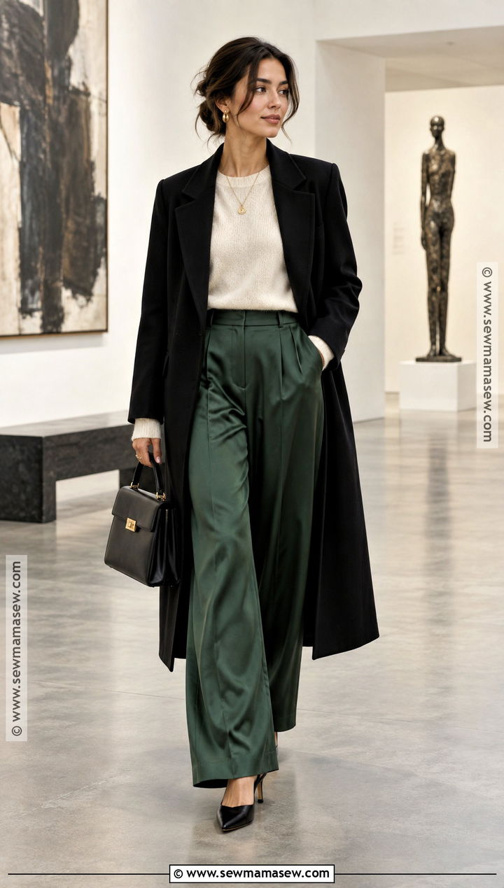 Satin Wide Leg Trousers With Cashmere Sweater And Slingback Heels - 15 wide leg trousers fall outfit ideas