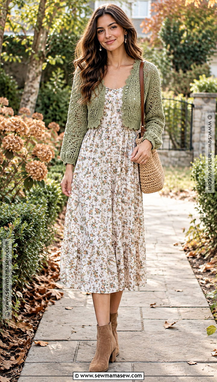 Scalloped Crochet Cardigan With Floral Midi Dress - 20 fall crochet cardigan ideas