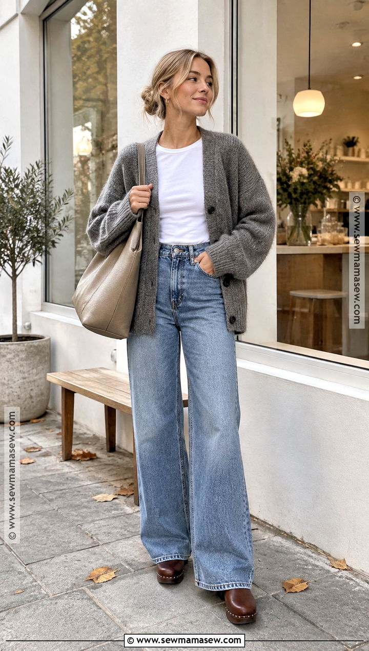 Scandi Autumn Cardigan And Wide Leg Jeans Outfit - 20 autumn clothing aesthetic ideas