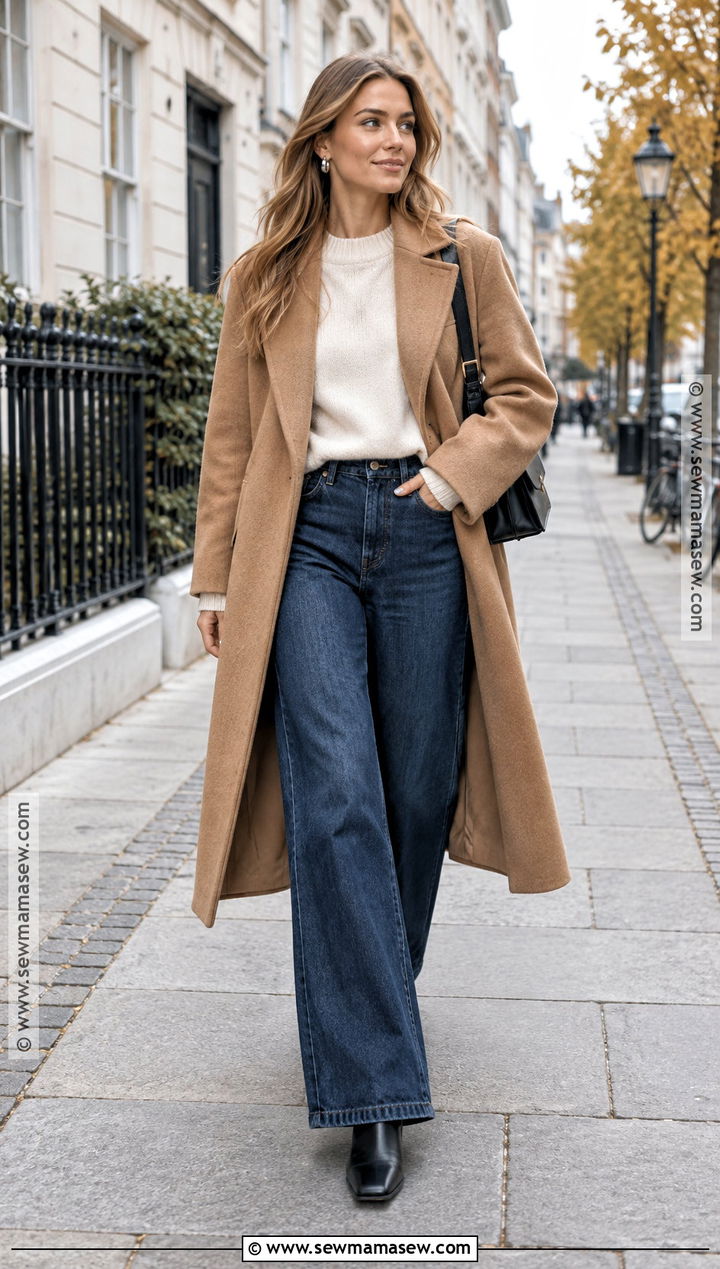 Scandi Camel Coat and Wide Leg Jeans Outfit - 20 scandi fall fashion ideas