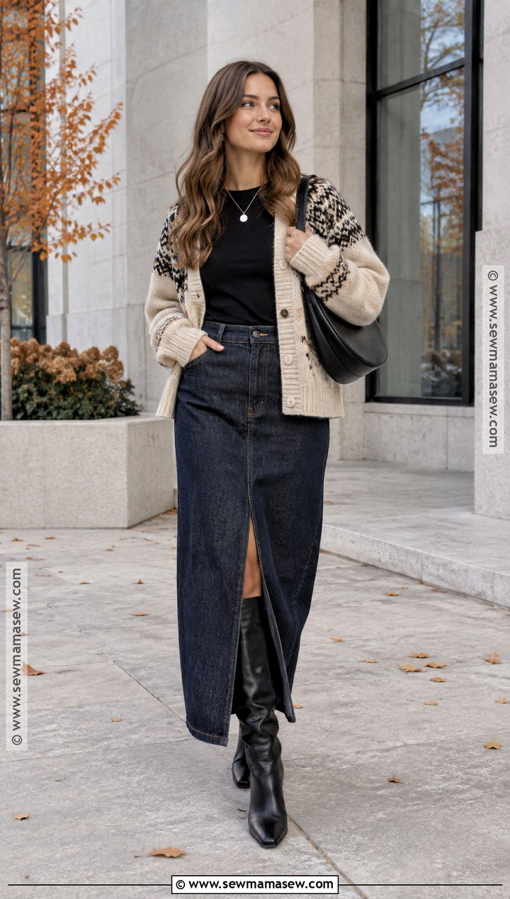 Scandi Cardigan and Denim Maxi Skirt Outfit - 20 scandi fall fashion ideas