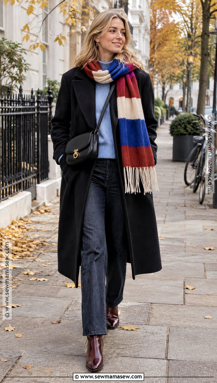 Scandi Colorful Scarf and Black Coat Outfit - 20 scandi fall fashion ideas