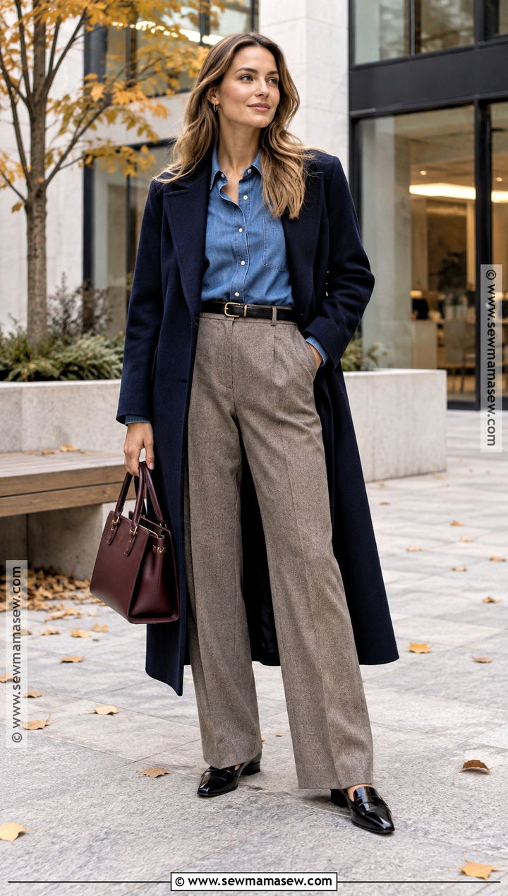 Scandi Denim Shirt and Wool Trousers Outfit - 20 scandi fall fashion ideas