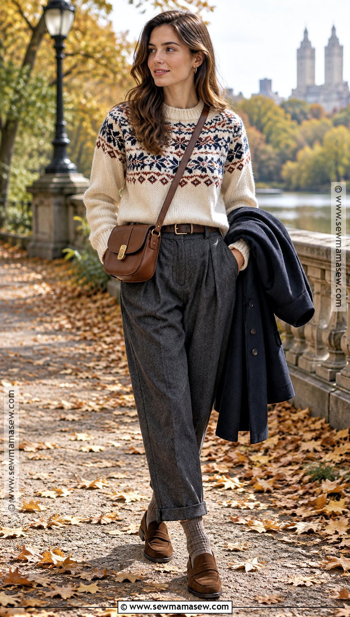 Scandi Fair Isle Sweater and Tailored Trousers Outfit - 20 scandi fall fashion ideas