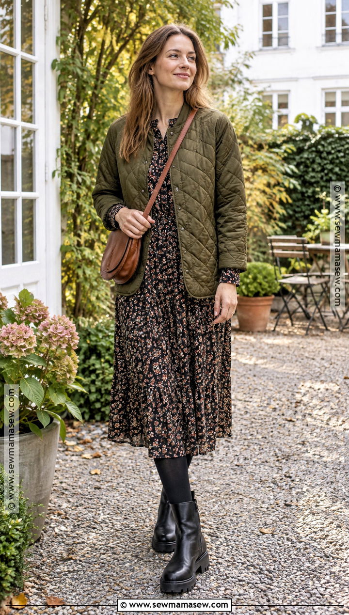 Scandi Fall Outfit With A Quilted Jacket And Midi Dress - 20 scandi fall outfits
