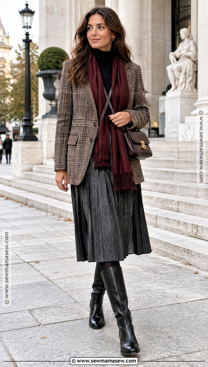 Scandi Plaid Blazer and Pleated Skirt Outfit - 20 scandi fall fashion ideas
