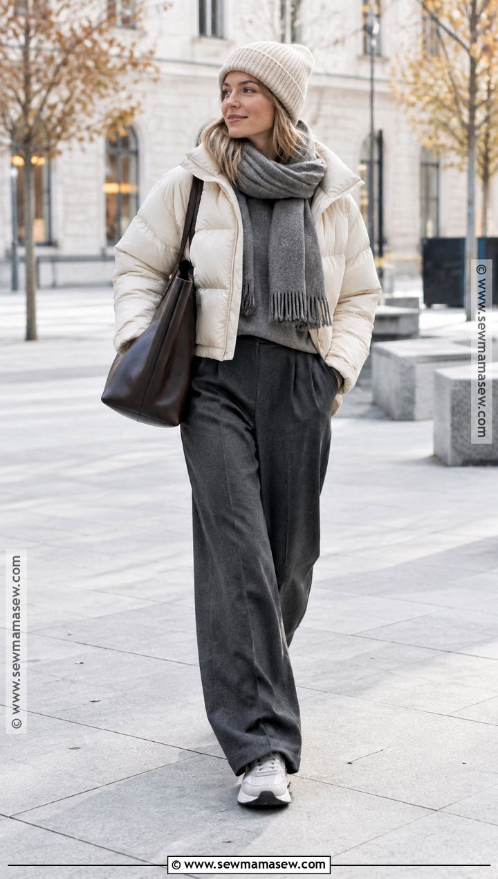 Scandi Puffer And Relaxed Trousers Fall Outfit - 25 fall outfit aesthetic ideas