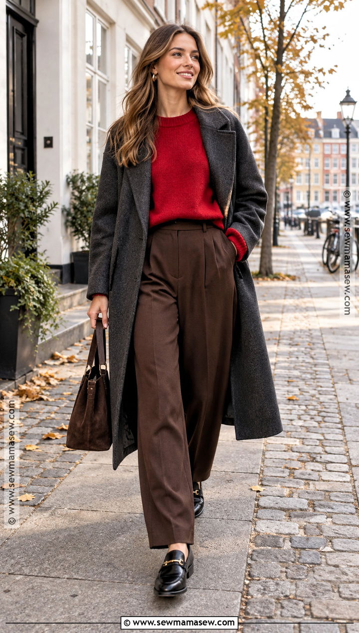Scandi Red Sweater and Brown Trousers Outfit - 20 scandi fall fashion ideas