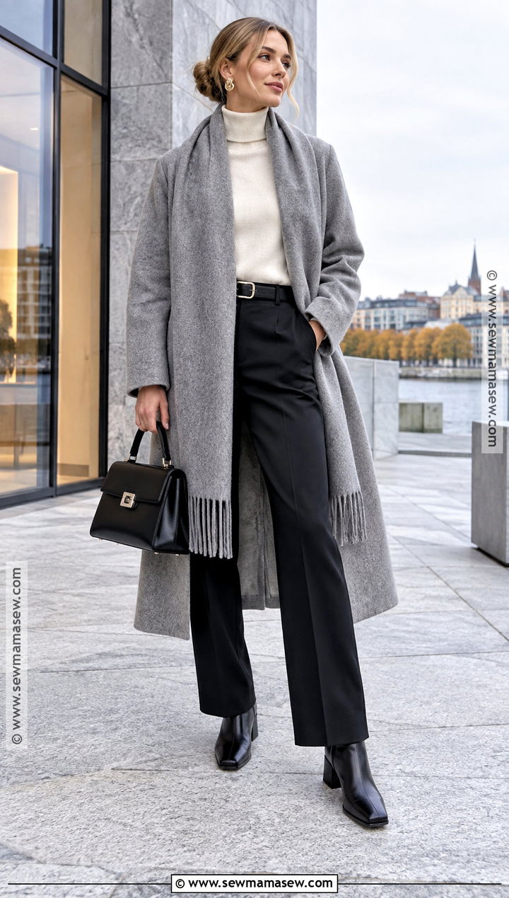 Scandi Scarf Coat and Black Trousers Outfit - 20 scandi fall fashion ideas