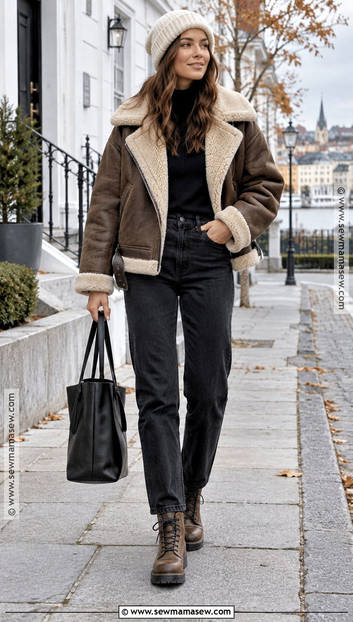 Scandi Shearling Jacket and Black Jeans Outfit - 20 scandi fall fashion ideas