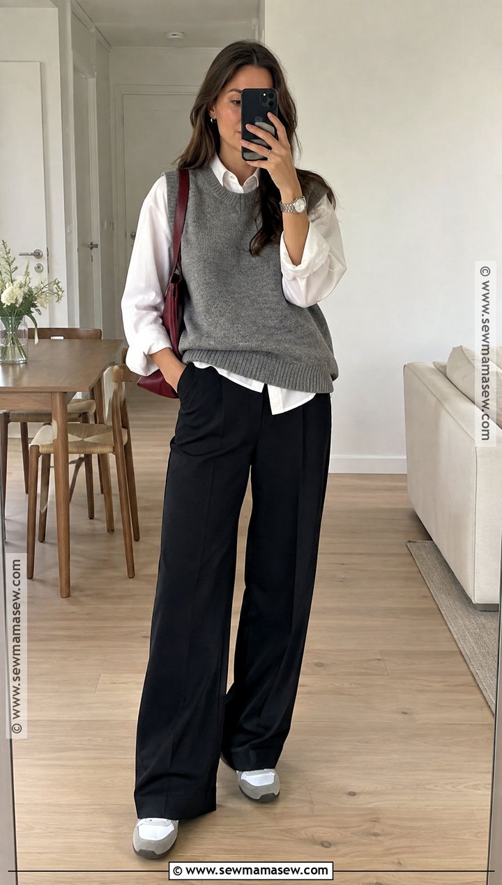 Scandi Sweater Vest and White Shirt Outfit - 20 scandi fall fashion ideas