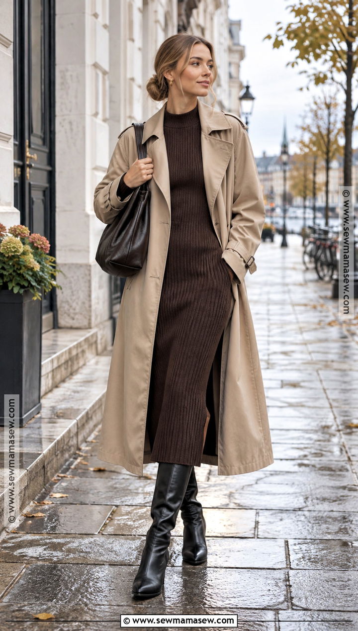Scandi Trench Coat and Knit Dress Outfit - 20 scandi fall fashion ideas