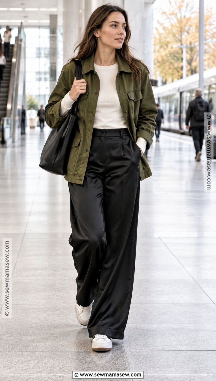 Scandi Utility Jacket and Satin Trousers Outfit - 20 scandi fall fashion ideas