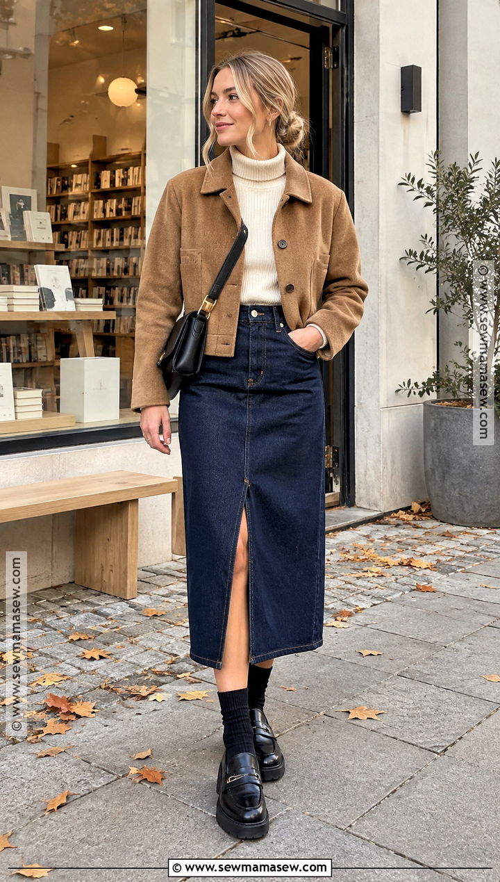 Scandinavian Autumn Denim Midi Skirt Outfit - 20 Autumn Outfits Scandinavian
