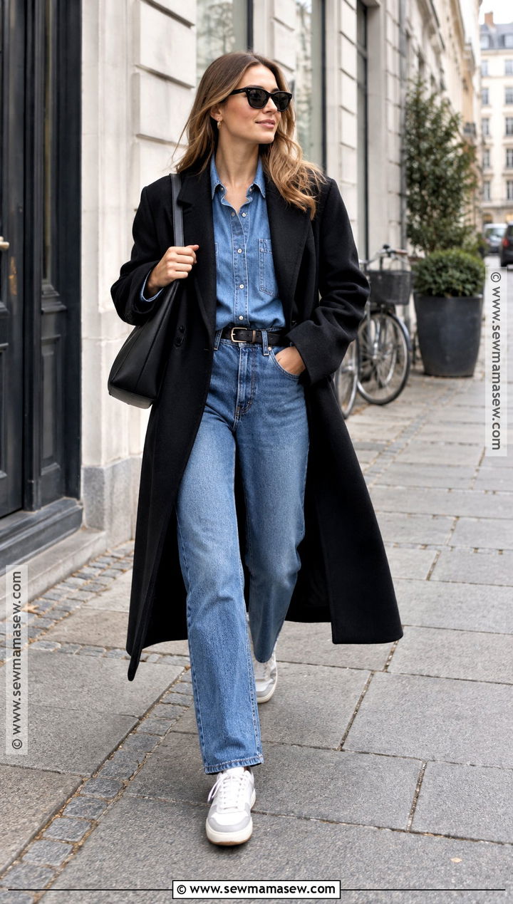 Scandinavian Fall Outfit With Double Denim and a Long Coat - 20 scandinavian fall fashion ideas