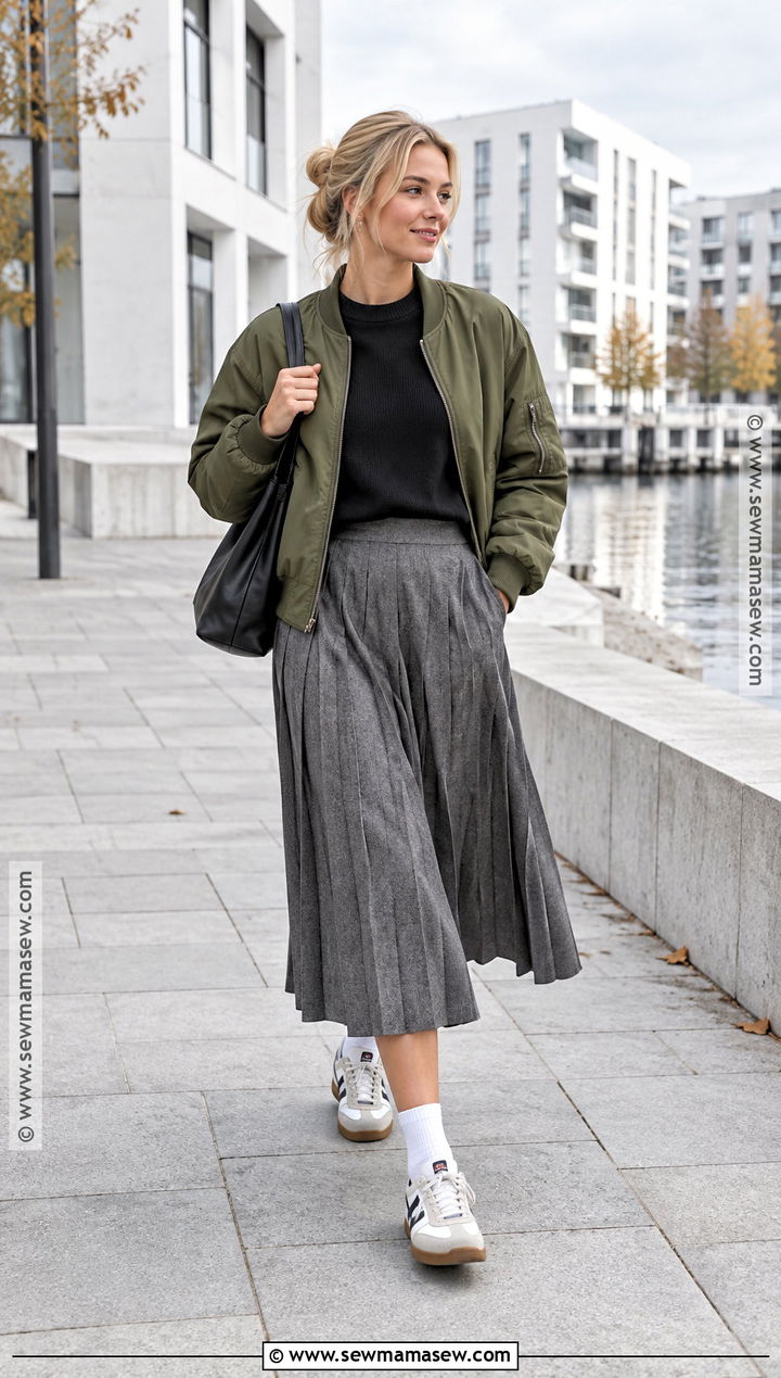 Scandinavian Fall Outfit With a Bomber Jacket and Midi Skirt - 20 scandinavian fall fashion ideas
