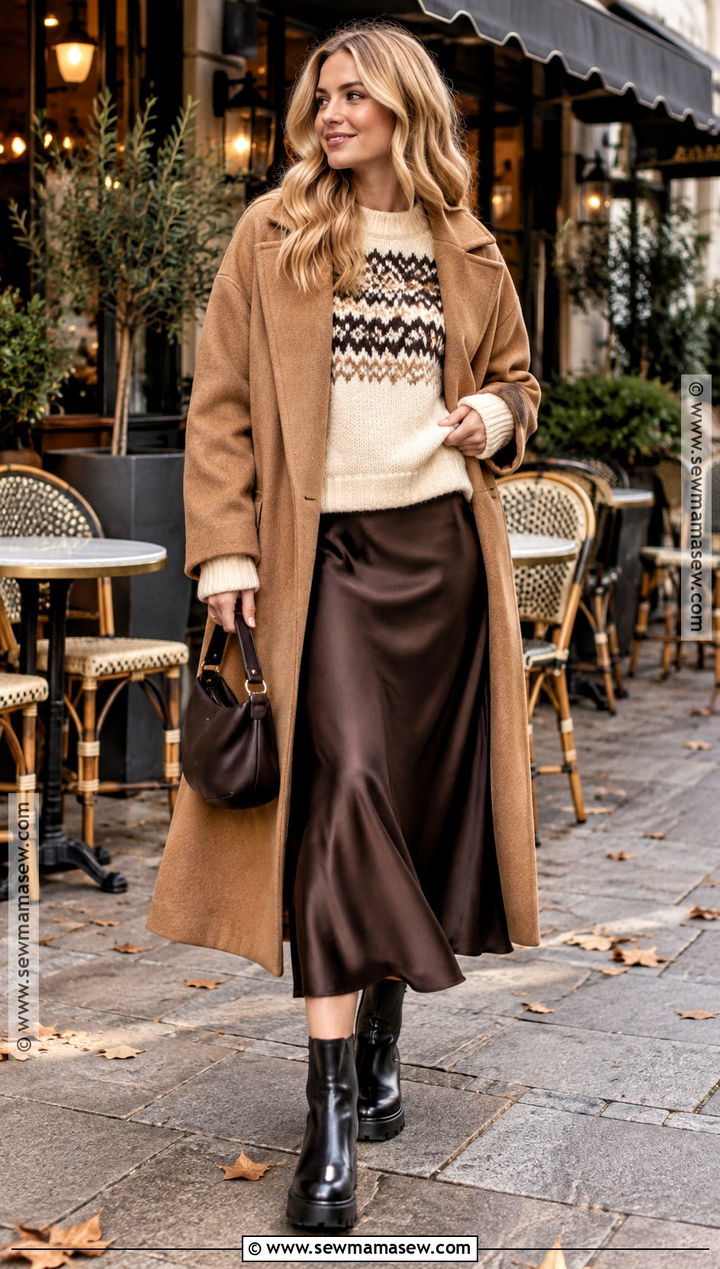 Scandinavian Fall Outfit With a Fair Isle Sweater and Satin Skirt - 20 scandinavian fall fashion ideas