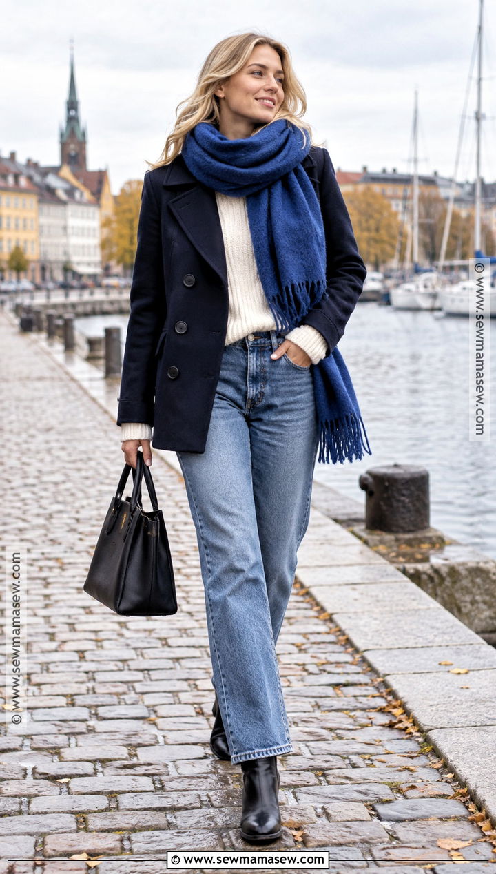 Scandinavian Fall Outfit With a Peacoat and Statement Scarf - 20 scandinavian fall fashion ideas