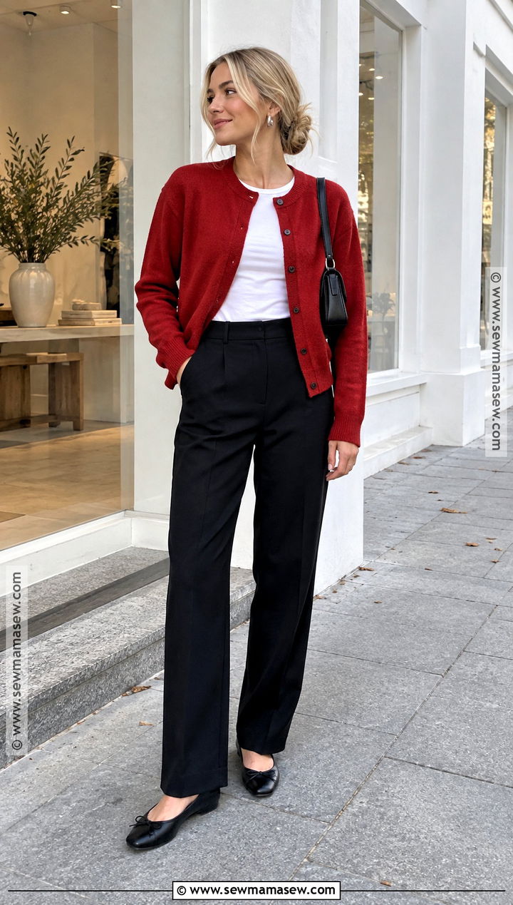 Scandinavian Fall Outfit With a Red Cardigan and Black Pants - 20 scandinavian fall fashion ideas