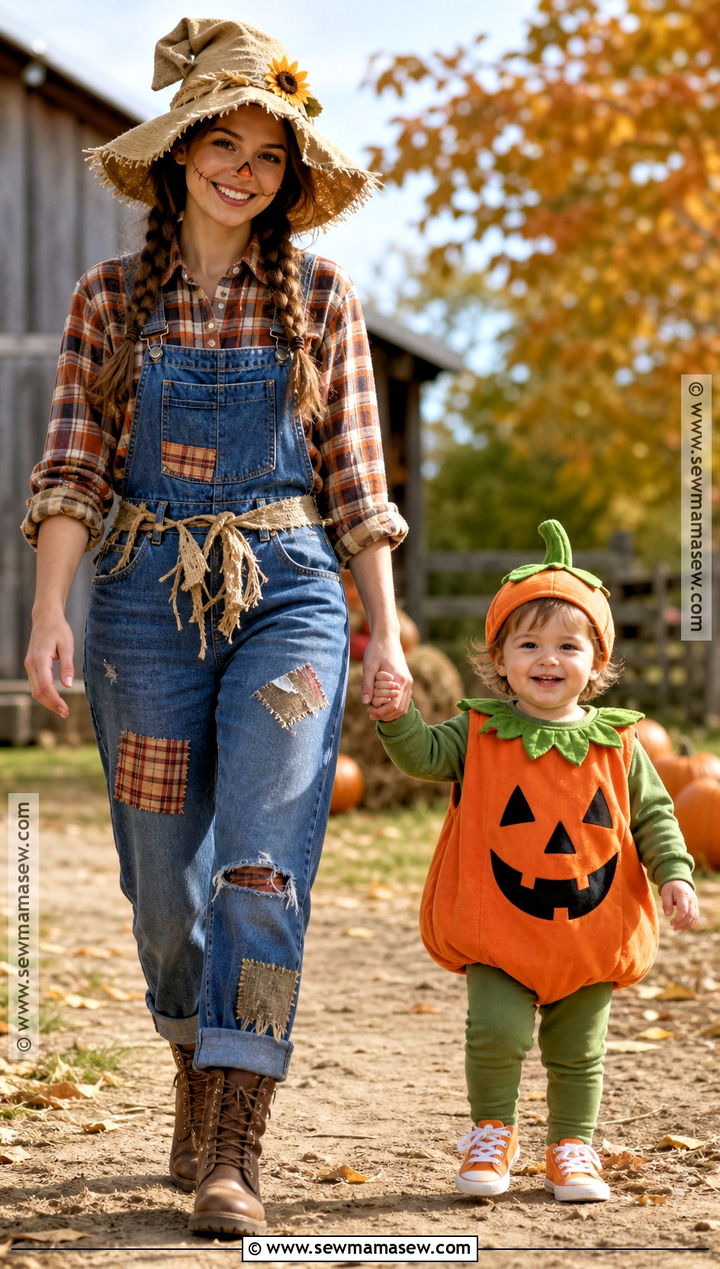 Scarecrow And Pumpkin Costume - 30 Mom And Toddler Halloween Costumes