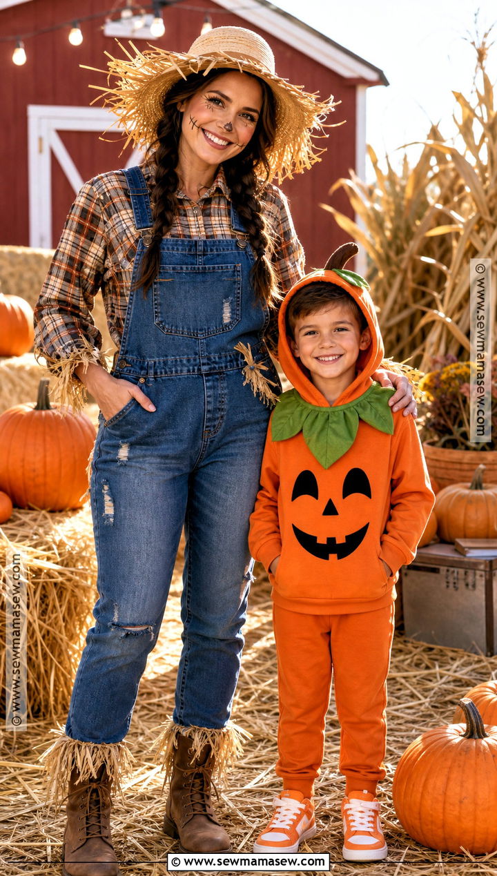 Scarecrow And Pumpkin Costume - 30 mommy and son halloween costumes