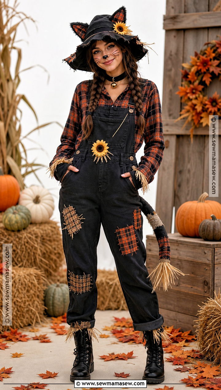 Scarecrow Black Cat Costume With Overalls - 45 black cat halloween costume ideas