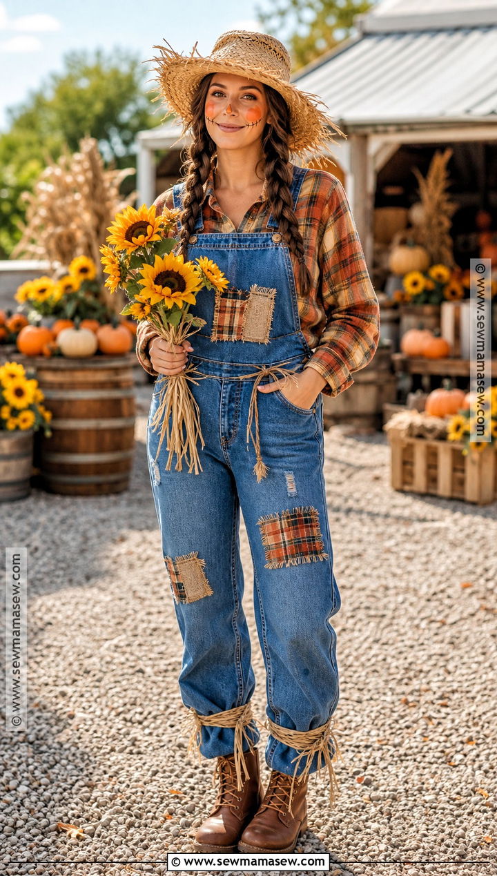Scarecrow Costume With Denim Overalls - 40 Modest Halloween Costumes