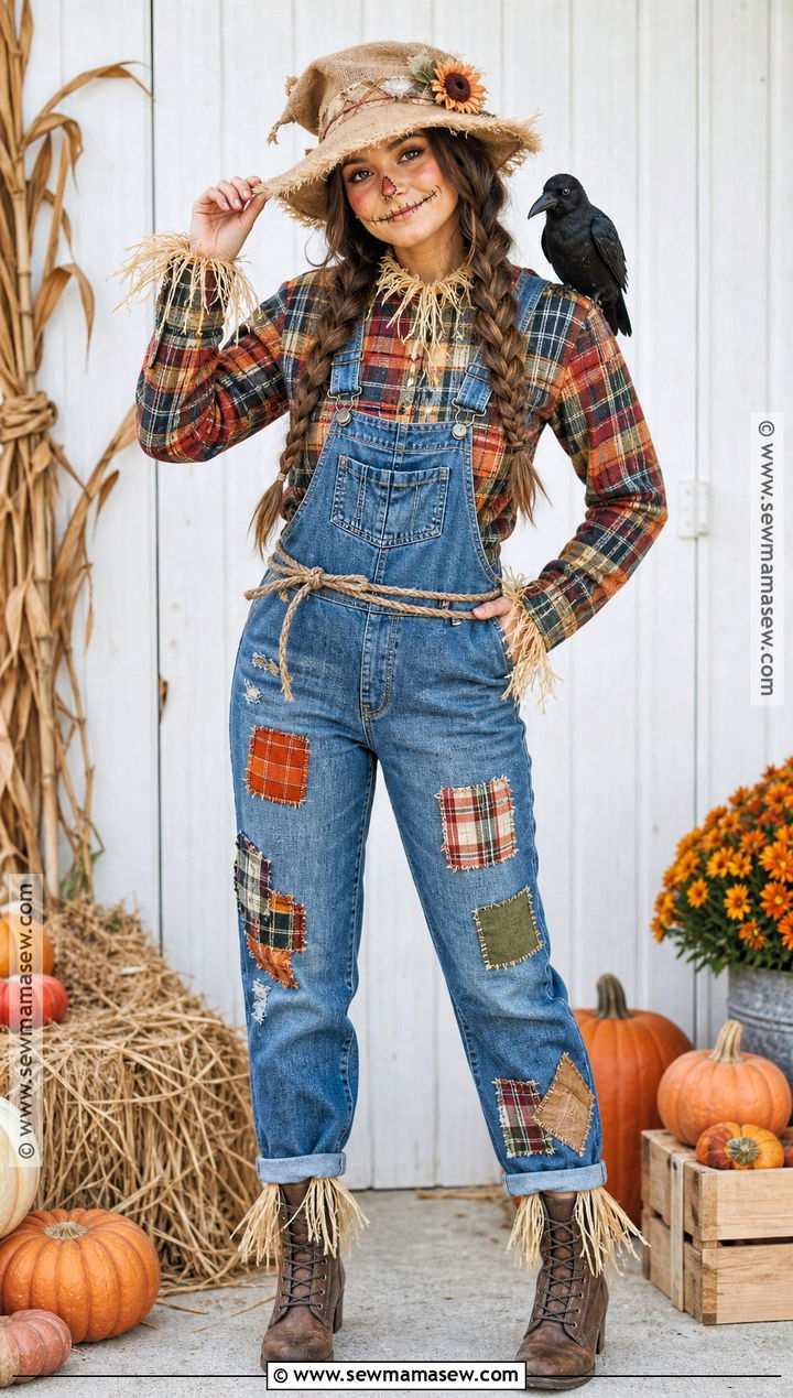 Scarecrow Costume With Patchwork Overalls - 40 cute halloween costume ideas