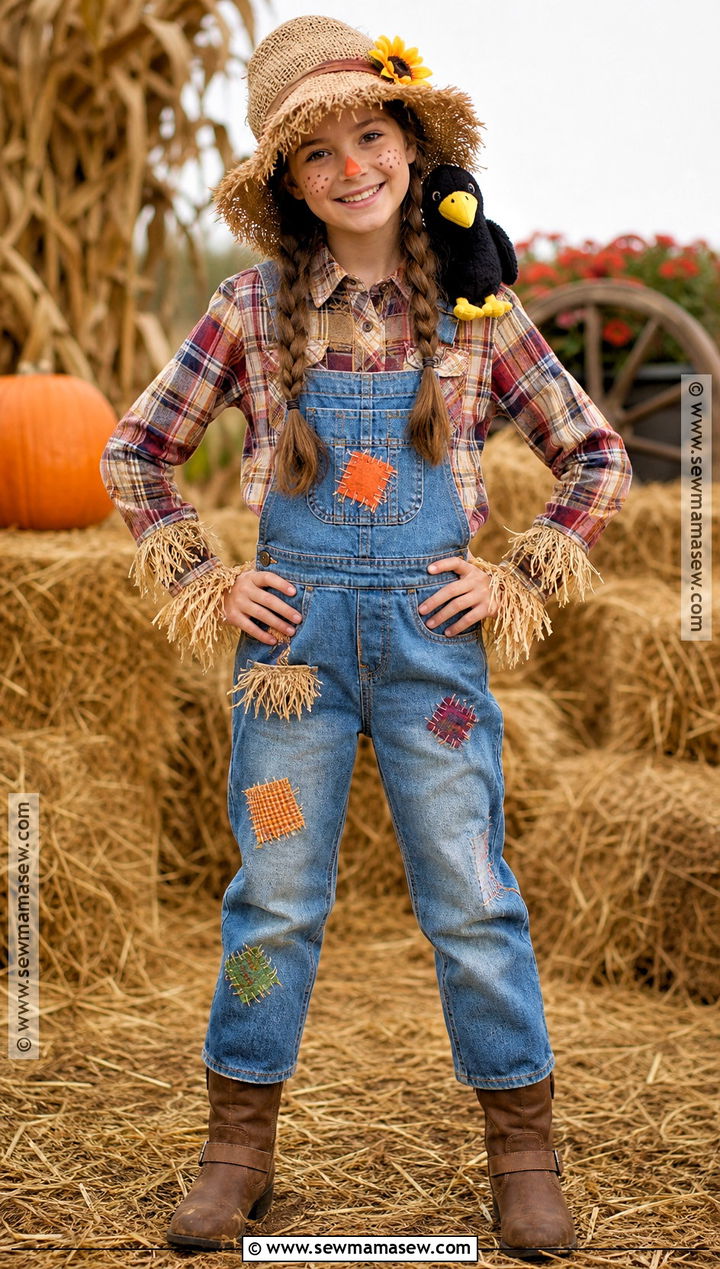 Scarecrow Costume With Patchwork Overalls - 40 girls halloween costumes