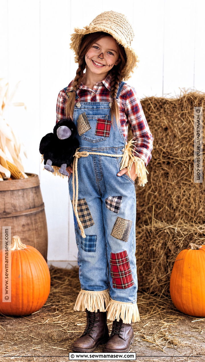 Scarecrow Costume With Patchwork Overalls - 45 kids halloween costumes