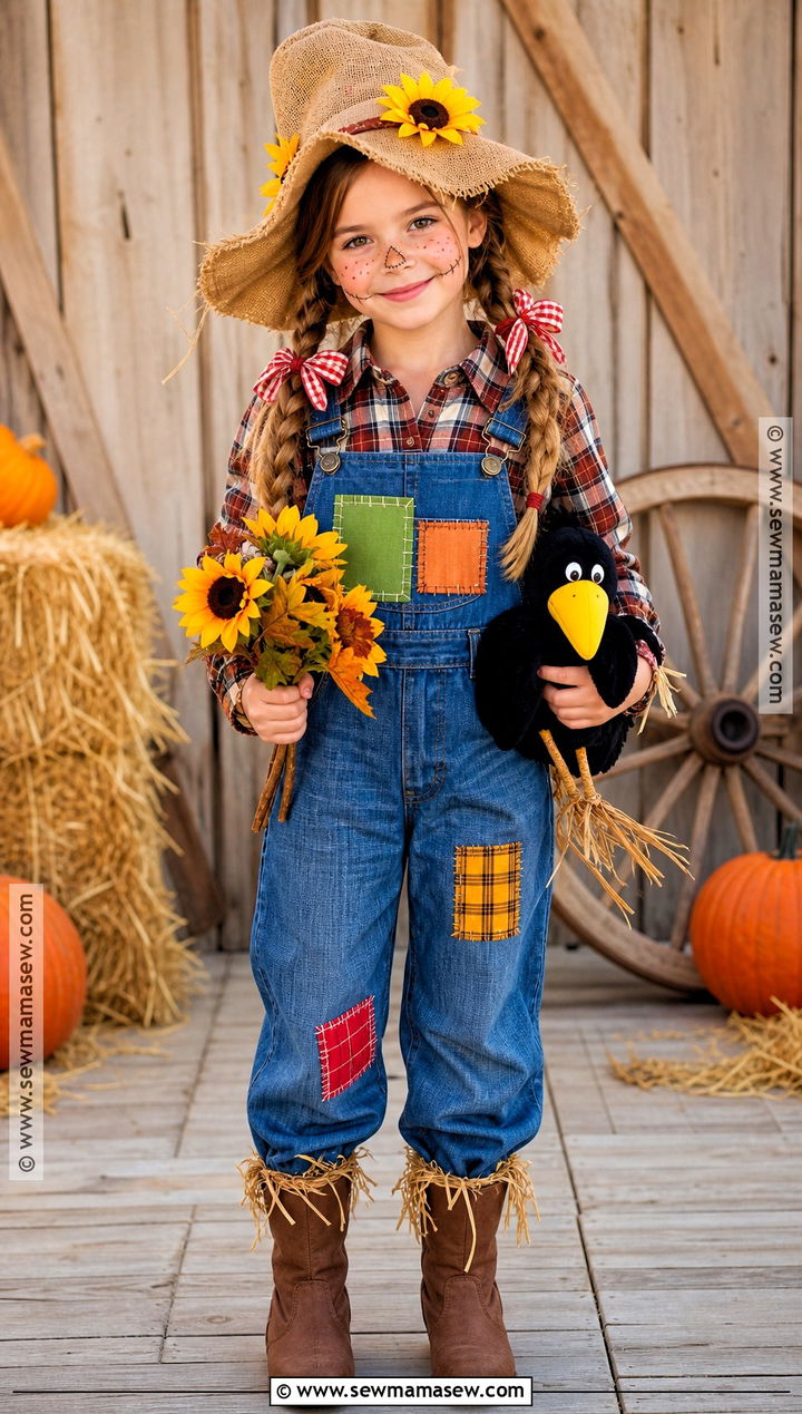 Scarecrow Costume With Patchwork Overalls - 30 Cute Girl Halloween Costumes