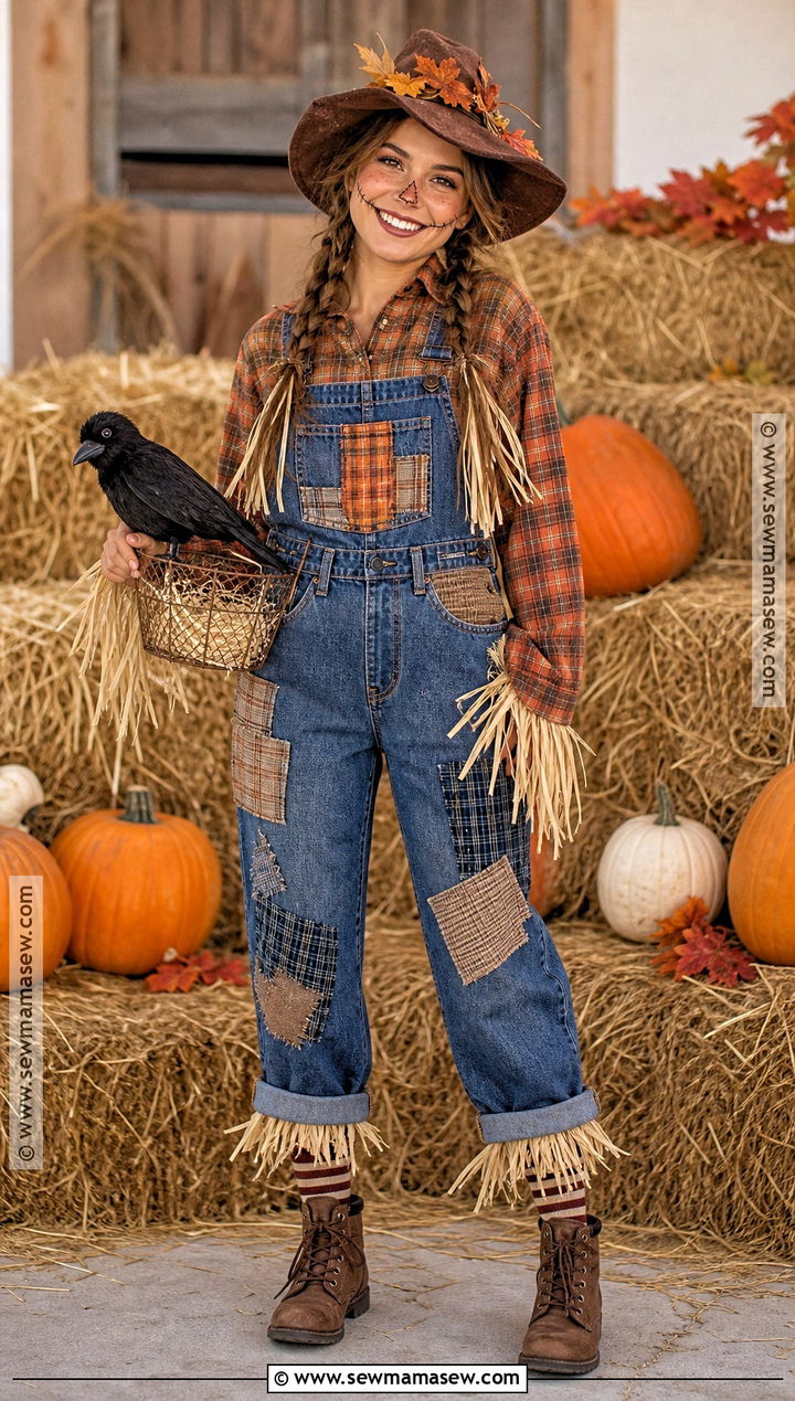Scarecrow Costume With Patchwork Overalls - 30 Grown Ups Costume Ideas