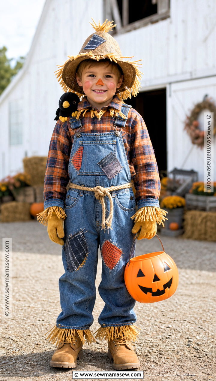 Scarecrow Costume With Patchwork Overalls - 30 halloween costumes kids for boys