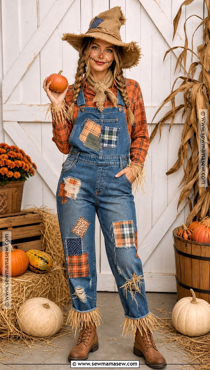 Scarecrow Costume With Patchwork Overalls - 30 halloween costumes with overalls