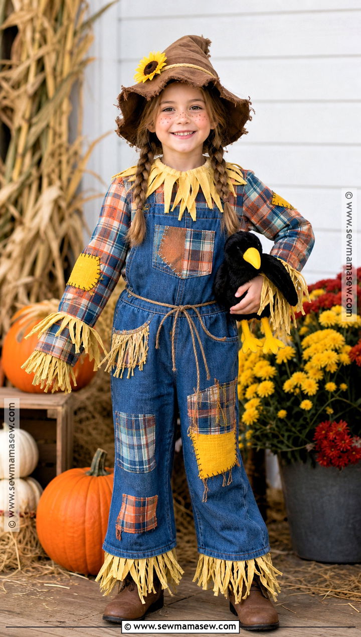 Scarecrow Costume With Patchwork Overalls - 30 kid costume ideas
