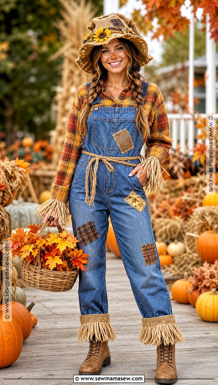 Scarecrow Costume With Patchwork Overalls - 30 best halloween costumes for women