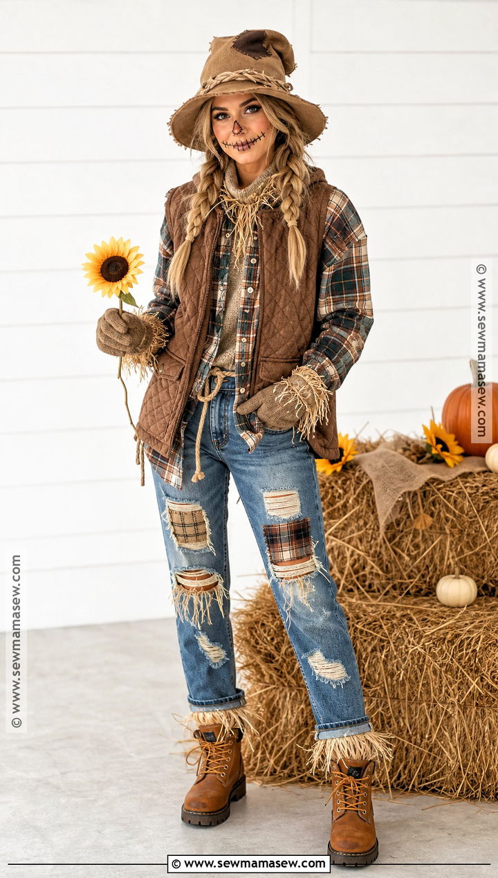 Scarecrow Costume With Plaid Flannel Layers - 40 warm halloween costumes