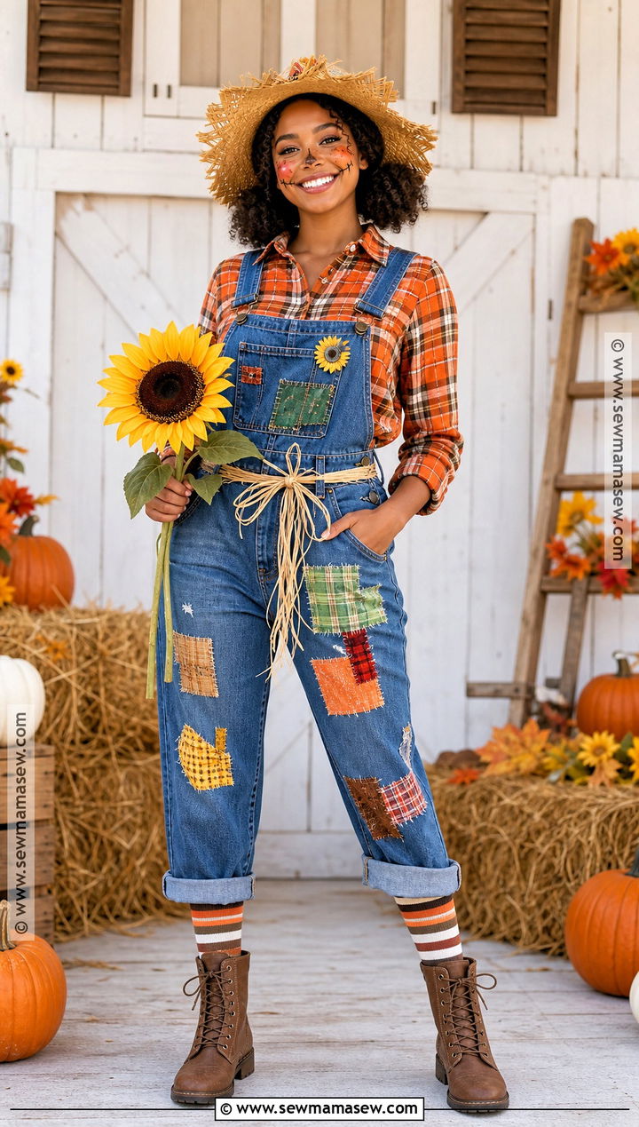 Scarecrow Costume With Plaid Overalls - 35 curly hair halloween costume ideas