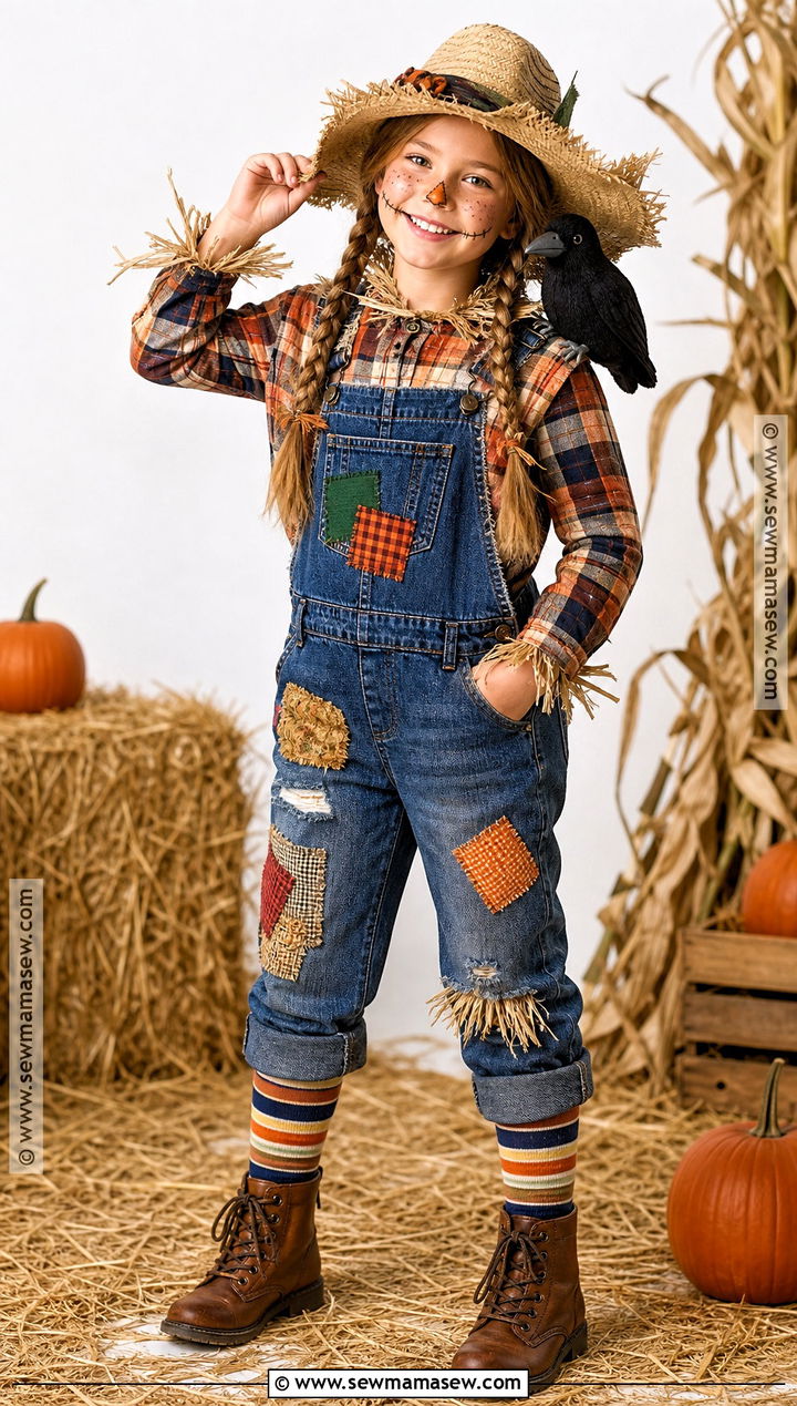 Scarecrow Girl Costume With Patchwork Overalls - 35 Girl Costume Ideas