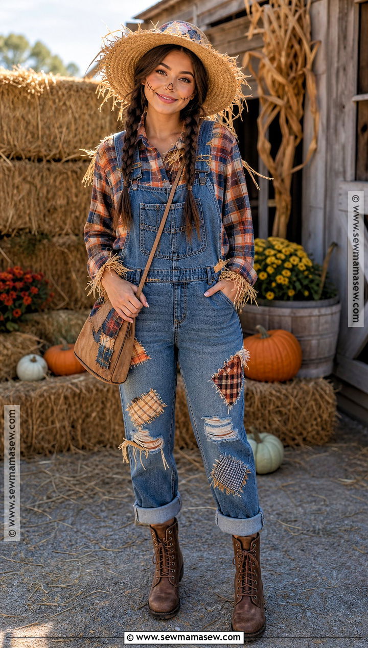 Scarecrow Halloween Outfit With Flannel And Overalls - 30 Simple Halloween Outfits