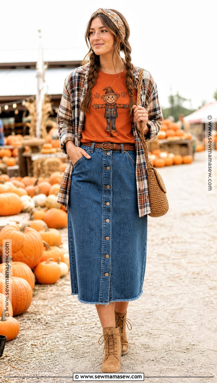 Scarecrow Halloween Shirt With Denim Skirt - 35 Halloween Shirt Ideas