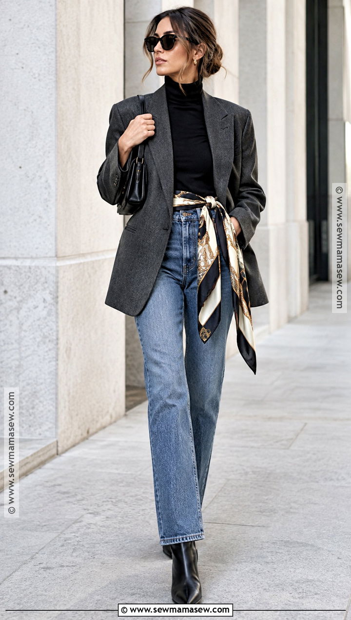 Scarf Belt With Blazer and Straight Leg Jeans - 20 Fall Outfits Scarf