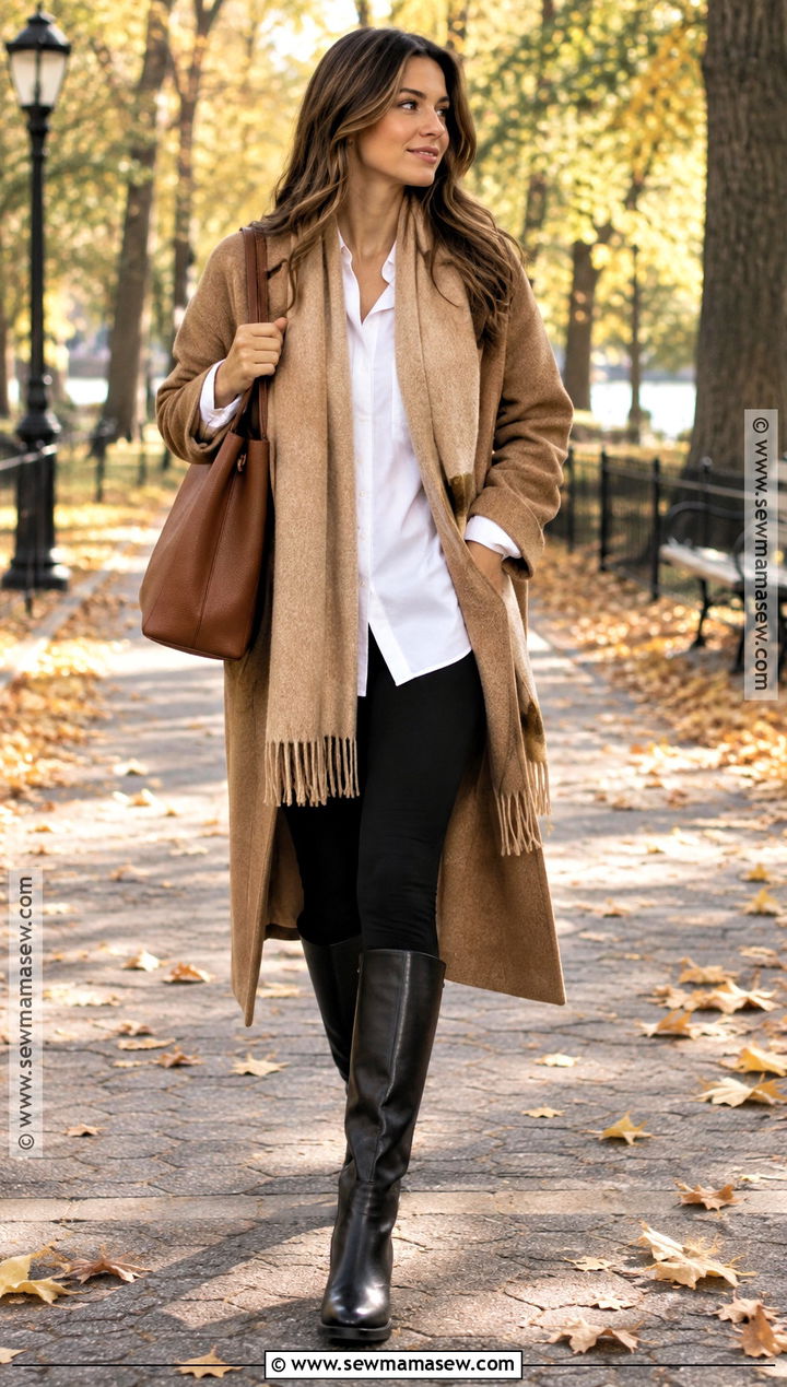 Scarf Coat And Leggings Autumn Outfit - 20 Autumn Outfit Ideas for Women