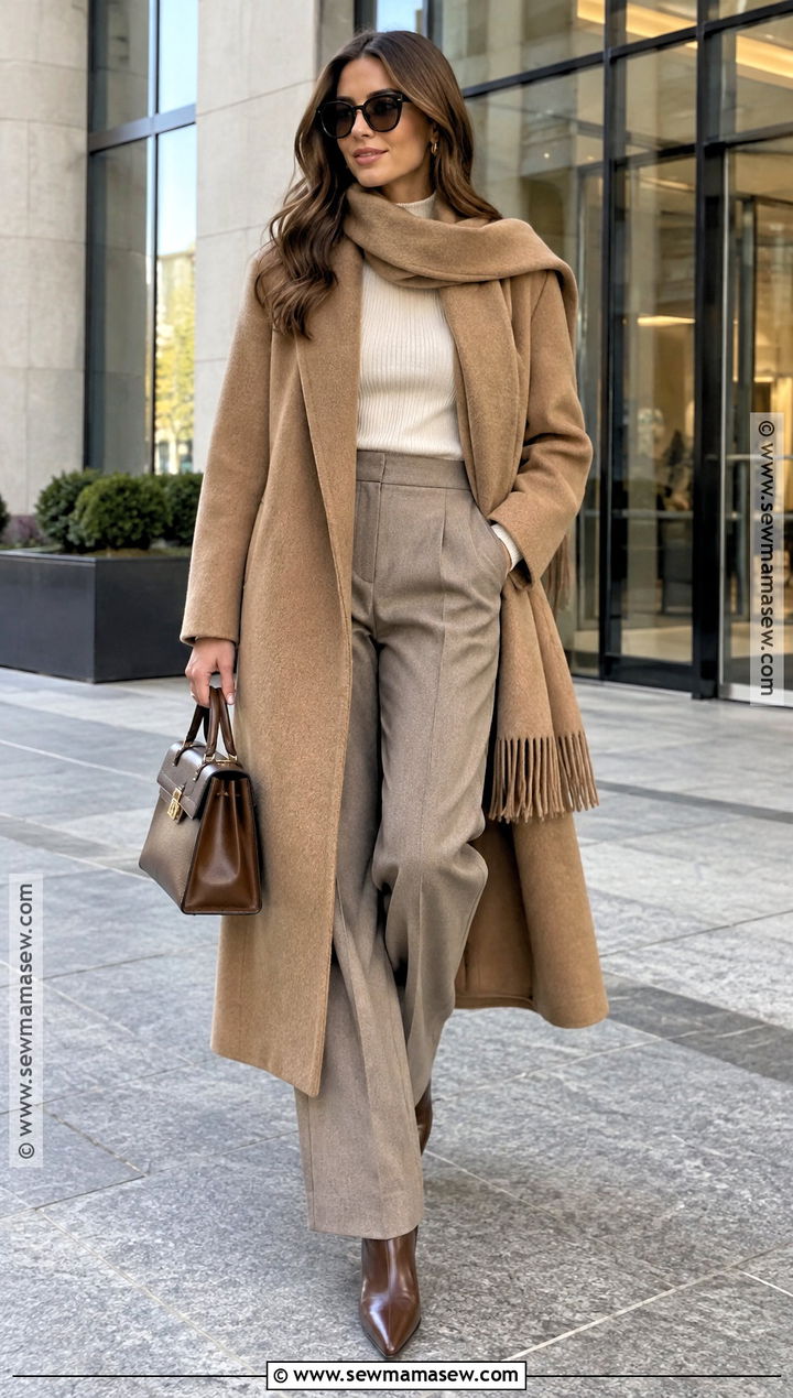 Scarf Coat And Tailored Pants Autumn Outfit - 15 autumn 24 fashion ideas