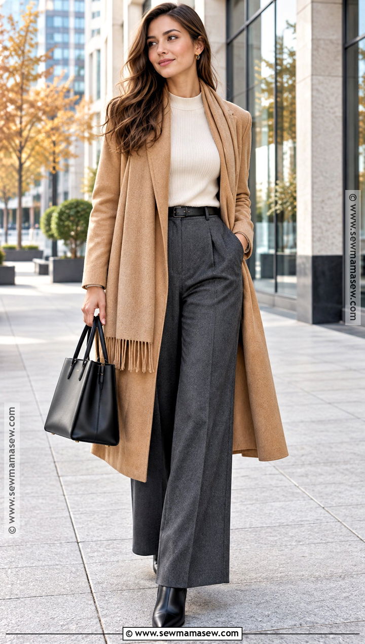 Scarf Coat And Wide Leg Trousers Autumn Outfit - 15 outfit inspo autumn ideas 2026