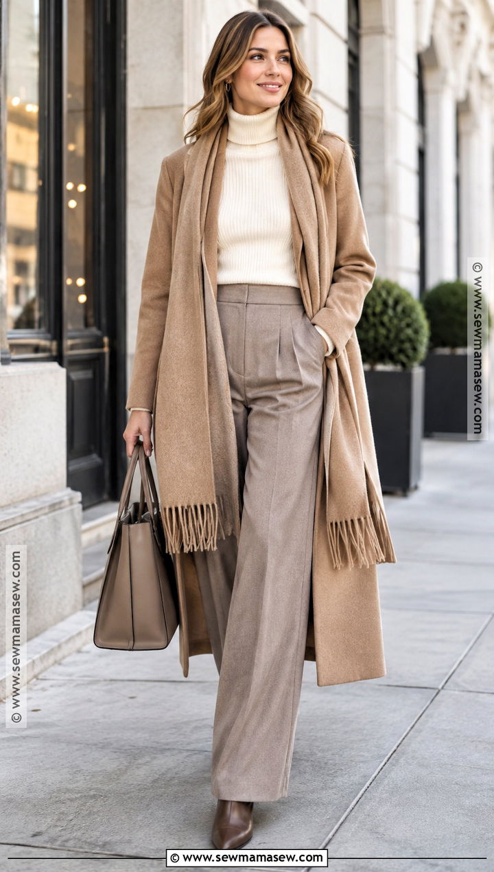 Scarf Coat And Wide Leg Trousers Outfit - 15 autumn winter outfits 2026