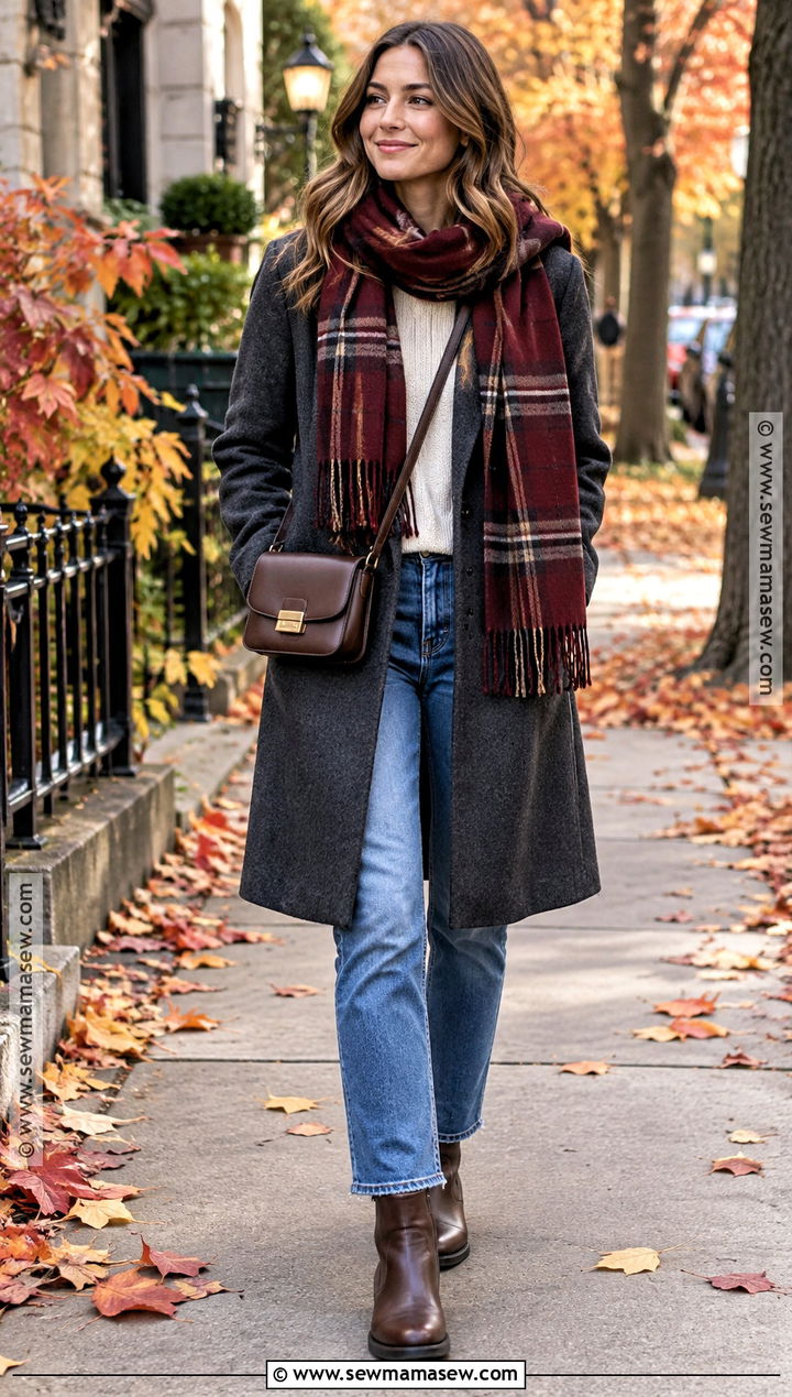 Scarf Coat With Sweater And Jeans - 25 comfy autumn outfits