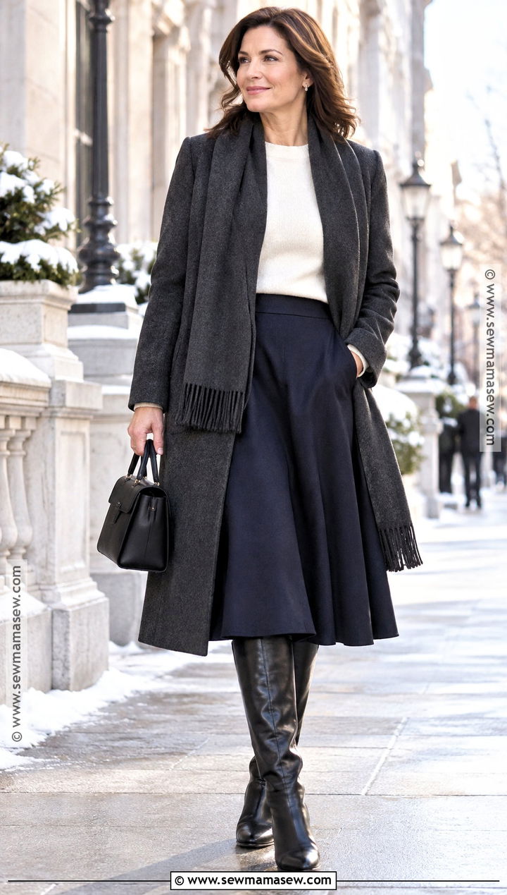 Scarf Coat With Sweater and Midi Skirt Winter Capsule Outfit - 25 fall winter capsule wardrobe ideas