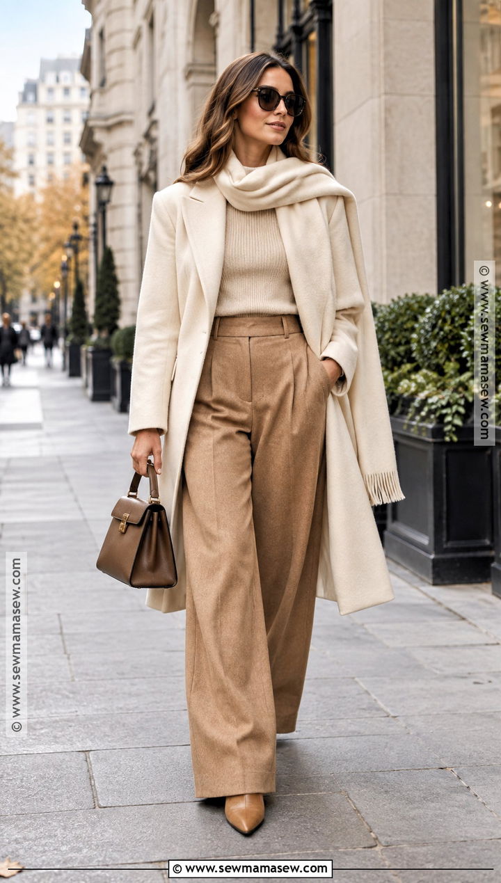 Scarf Coat With Wide Leg Pants - 25 autumn coat outfit ideas